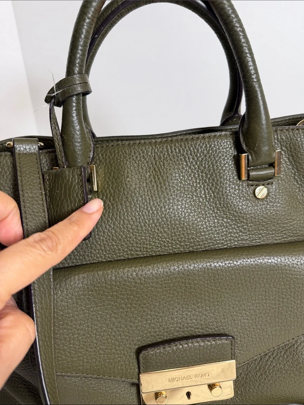Michael Kors Olive Pebbled Leather Satchel with Gold-Tone Hardware